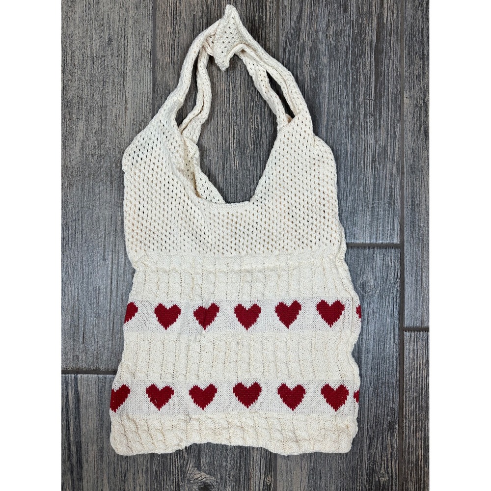 Crochet Knit Bag Red Heart Design Cream White Purse‎ String Shoulder Bag
